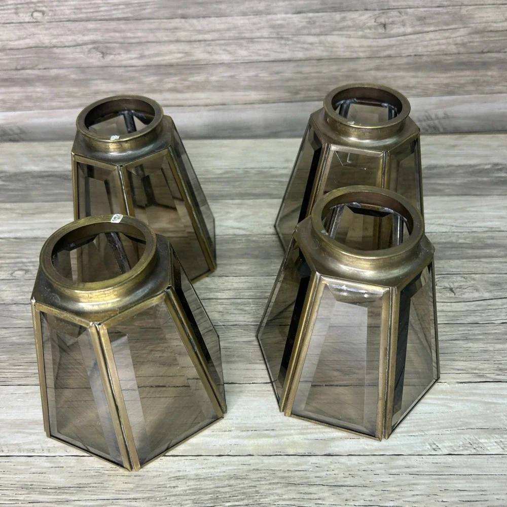 Vintage Brass Beveled Six Panel Clear Glass Shade Globe Replacement‎ READ